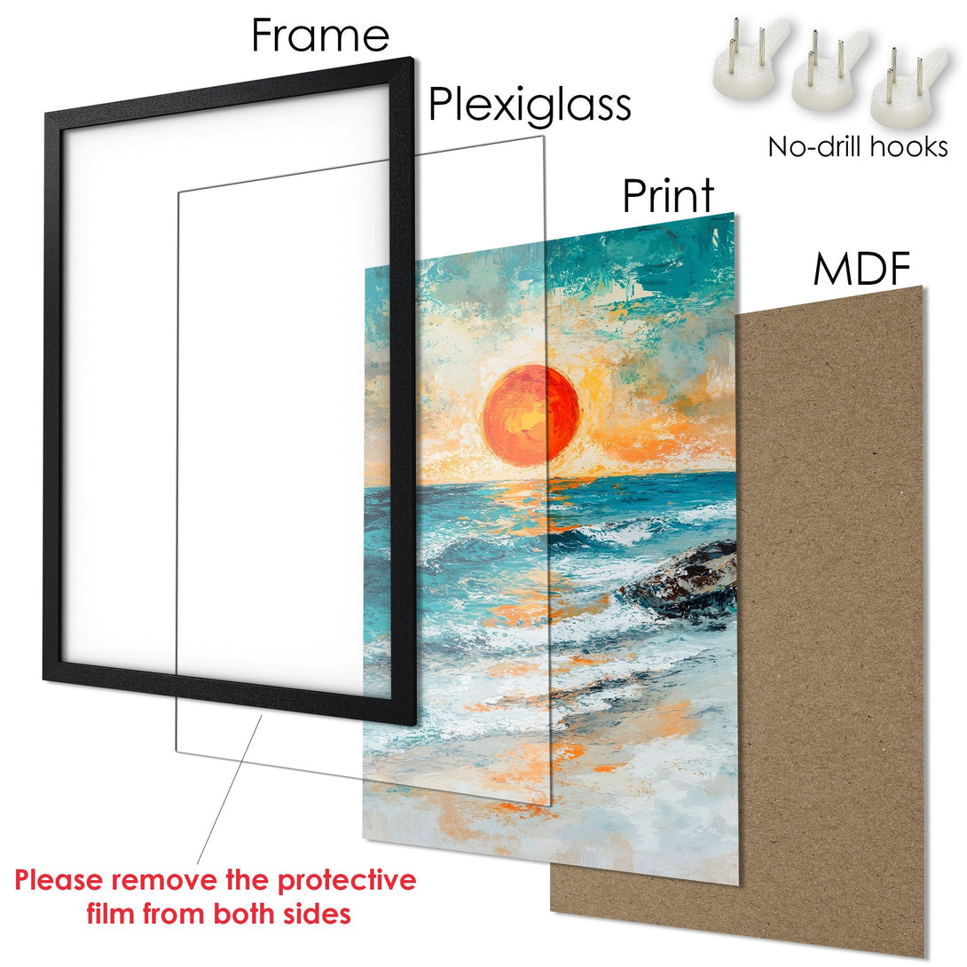 Framed Poster of a sunset over the ocean. Artistic style with a vibrant blue, orange, and white color palette. Perfect wall art!
