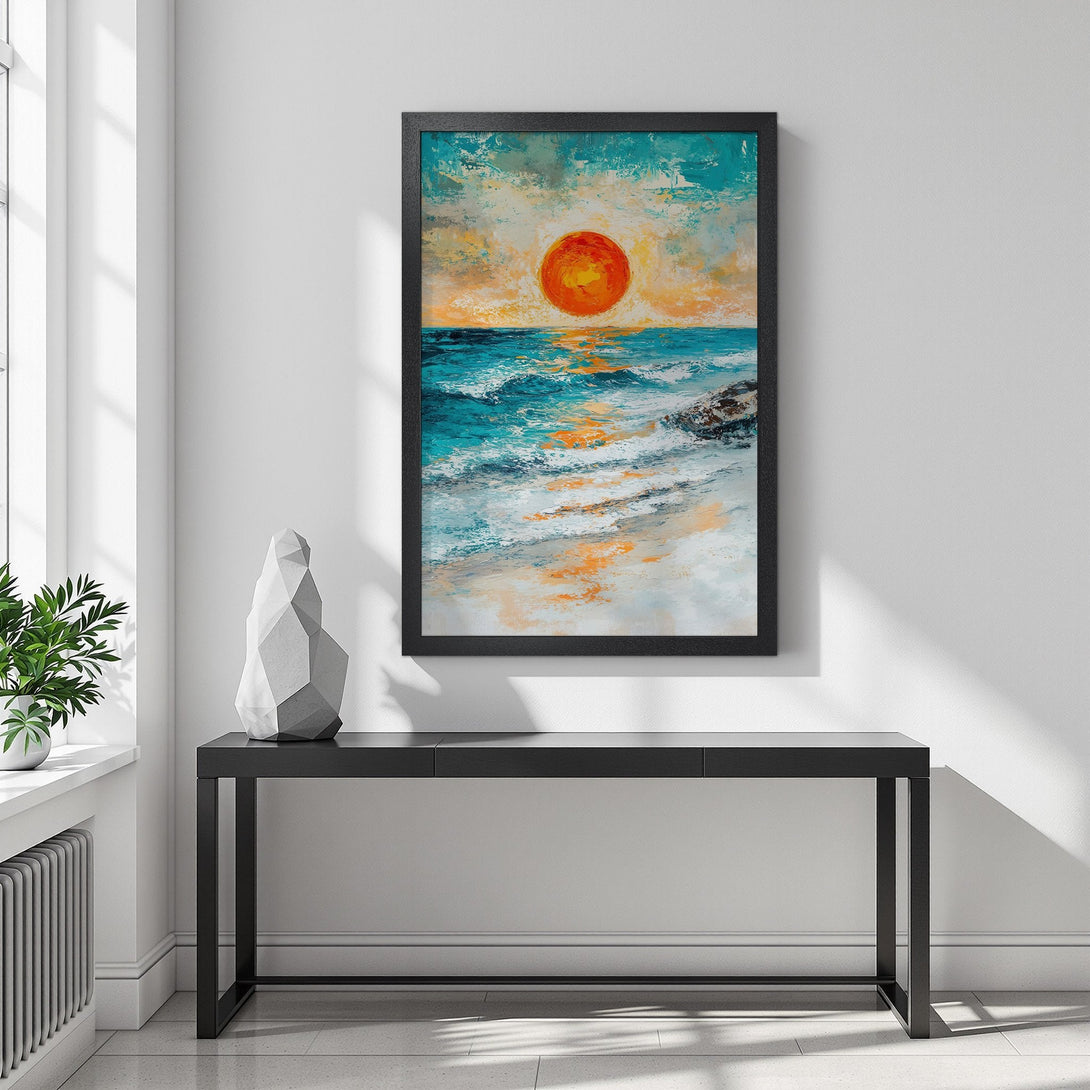 Framed Poster of a sunset over the ocean. Textured art style with teal, orange, and white color palette. Perfect wall decor for any room.
