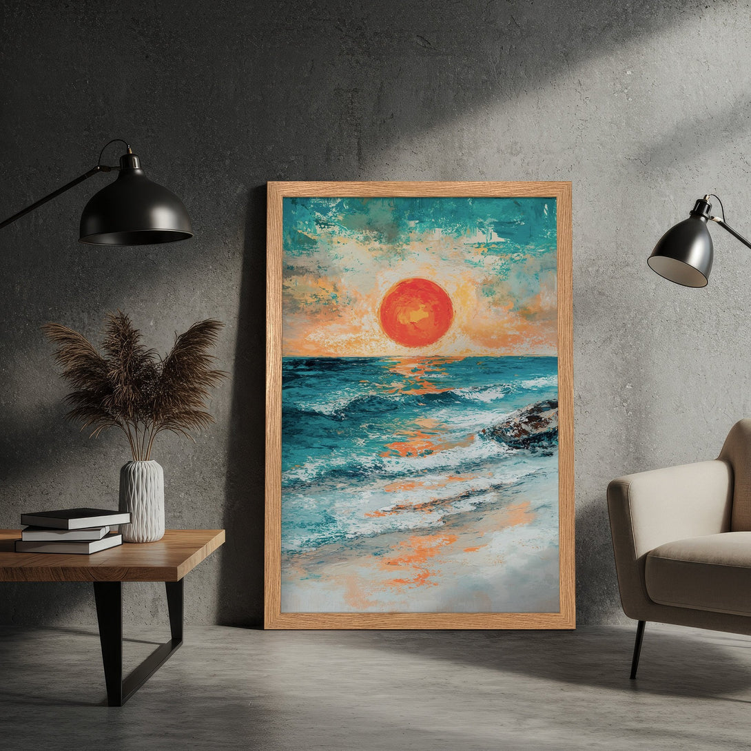 Framed Poster of a sunset over the ocean, painted in an impressionistic style with a vibrant blue, orange, and teal color palette. Add coastal vibes to your space!