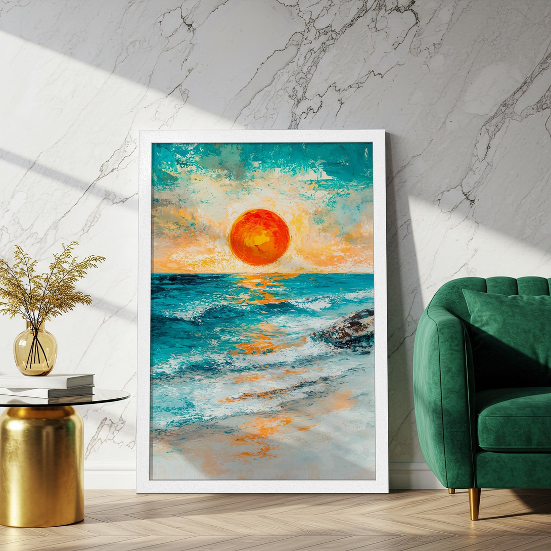 Framed Poster featuring an abstract seascape painting with a sunset. Vibrant teal, orange, and white color palette. Perfect wall art for your home!