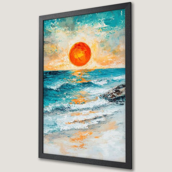 Framed Poster of a vibrant sunset over the ocean. Textured, impressionistic style with a warm orange, turquoise, and white color palette.