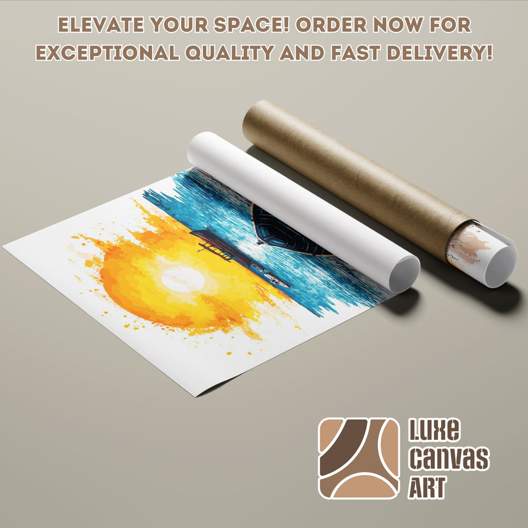 Sunset Poster Roll art print in vibrant yellow and blue, perfect for home decor. Get yours today!