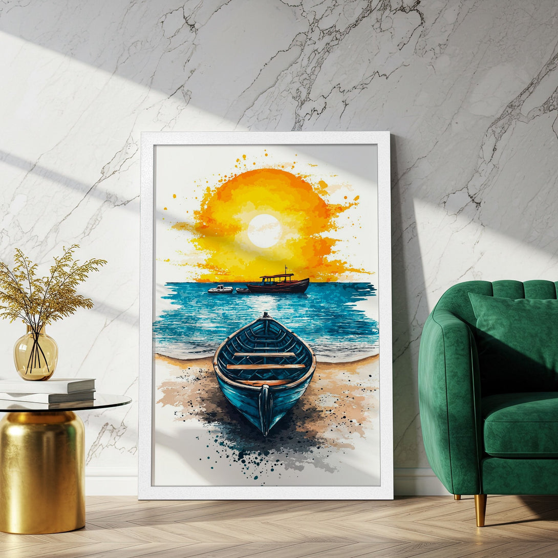 Framed Poster featuring a watercolor boat scene with a sunset in vibrant orange, blue, and yellow hues. Perfect wall art!