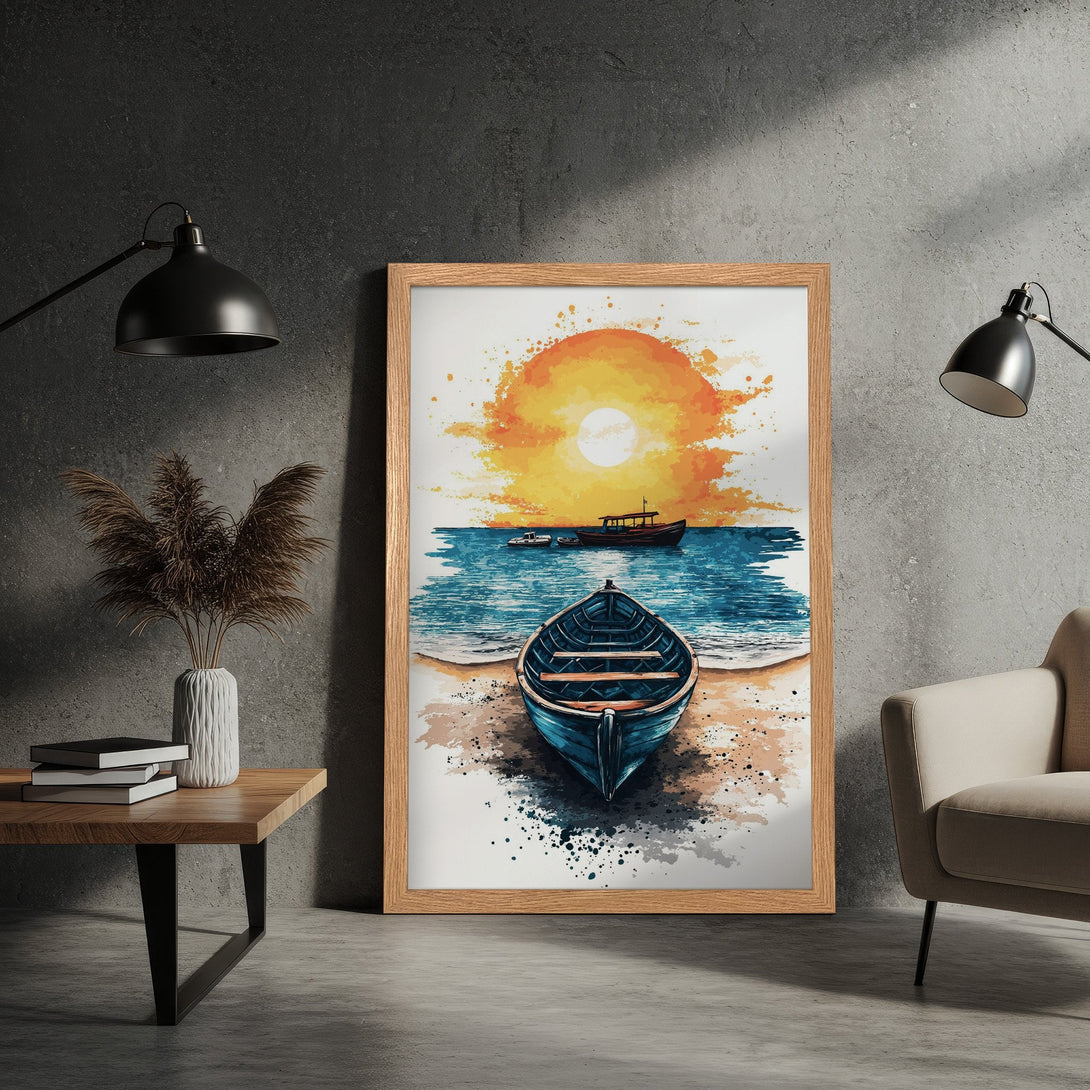 Framed Poster of a boat on a beach at sunset. Watercolor style, warm orange, blue, and beige color palette. Coastal art for home decor.