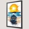 Sunset Seascape Art Poster with Blue Boat - Coastal Wall Decor
