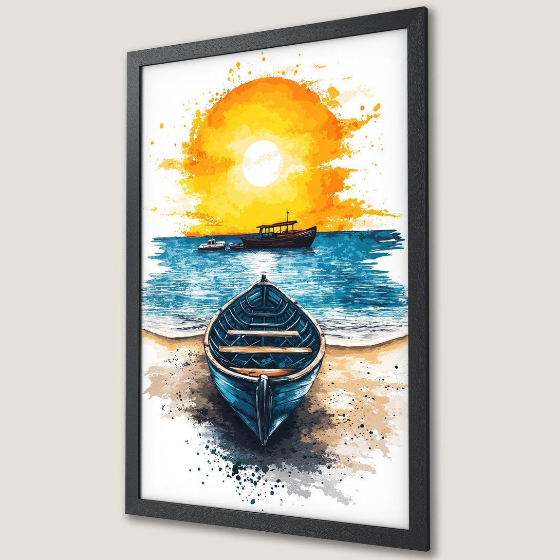 Framed Poster featuring a boat on the beach at sunset. Watercolor style art with vibrant orange, blue, and beige color palette. Coastal decor.