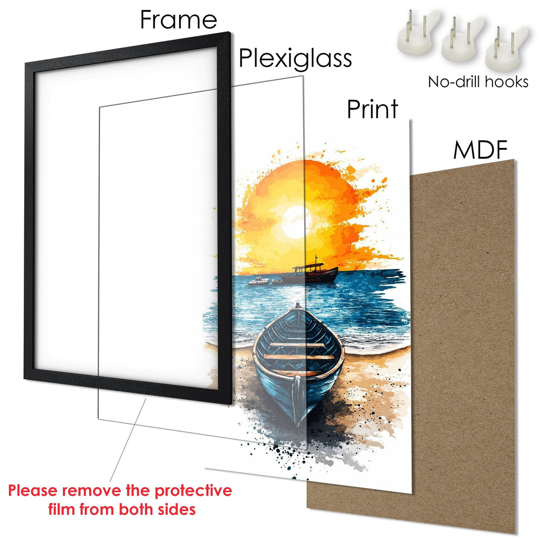Framed Poster featuring a watercolor sunset over the sea with boats. Warm orange and blue color palette for a calming aesthetic.