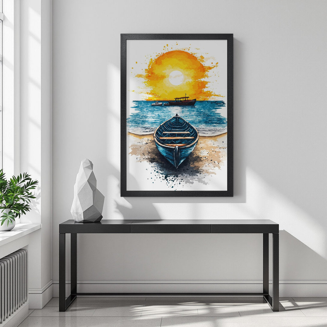 Framed Poster featuring a boat on the beach with a sunset in watercolor style. Warm yellow, blue, and beige color palette. Perfect wall art!