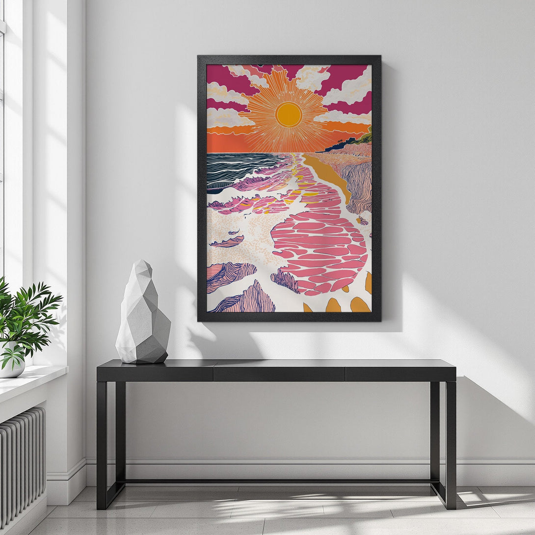 Framed Poster featuring a vibrant beach scene in a colorful, artistic style. Pink, orange, and blue hues create a stunning art print for your home.