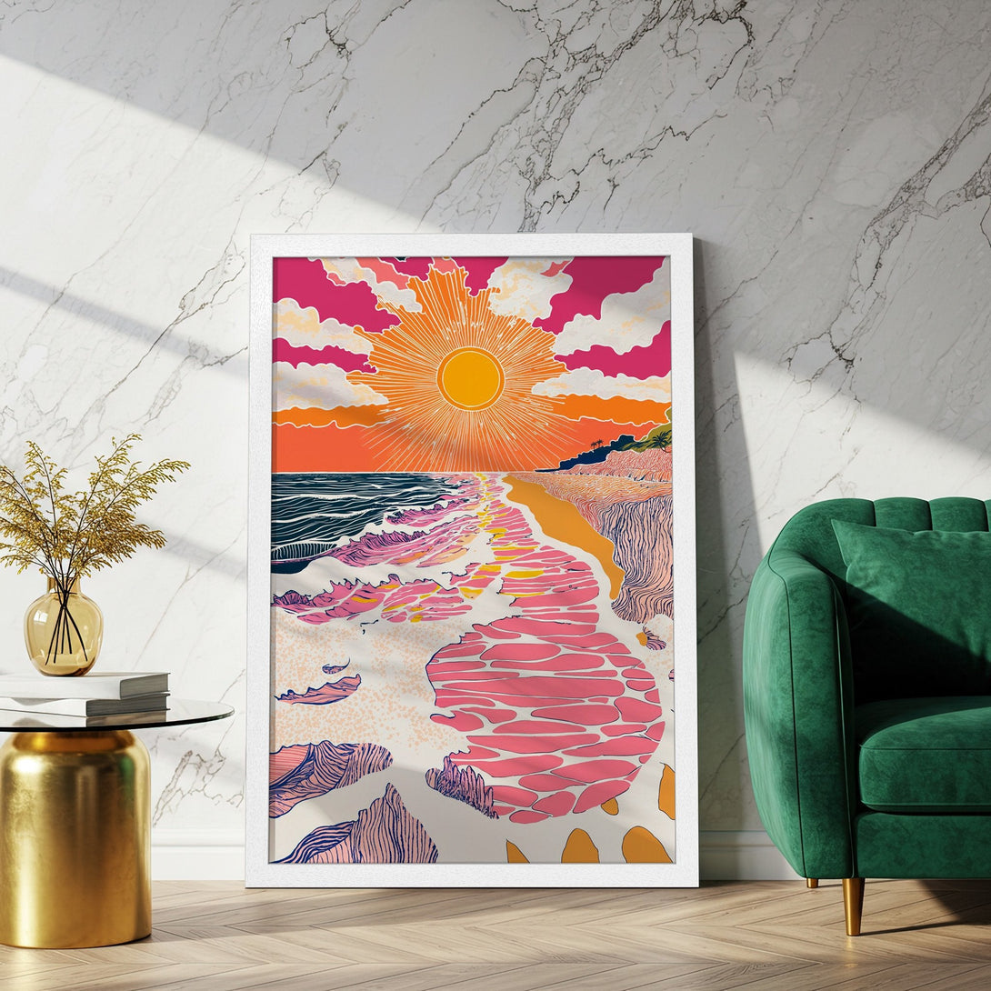 Framed Poster featuring a vibrant beach scene in a retro style with pink, orange, and blue tones. Perfect wall art for a pop of color!