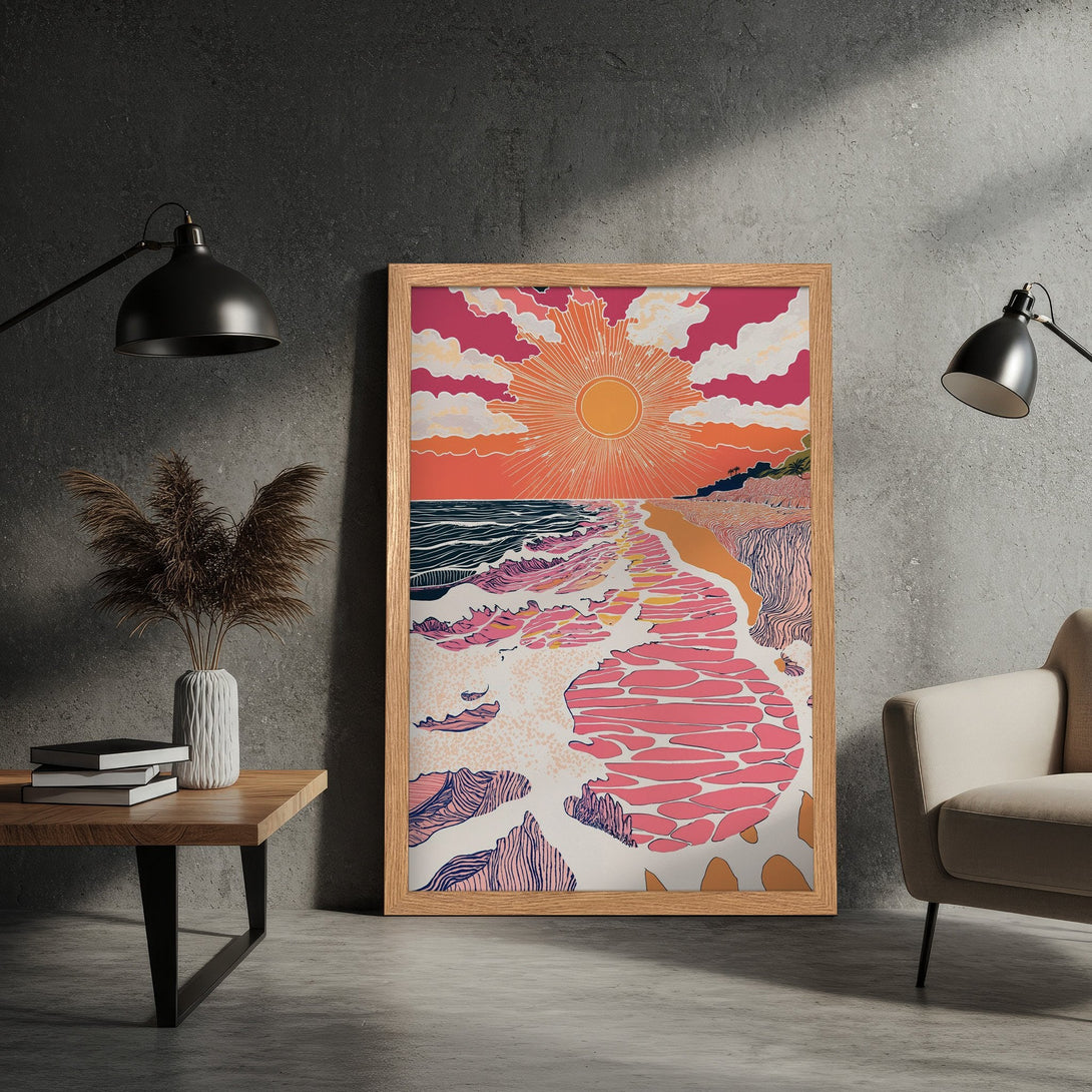 Framed Poster featuring a vibrant beach scene in a retro style with pink, orange, and blue hues. Perfect wall art for your home!