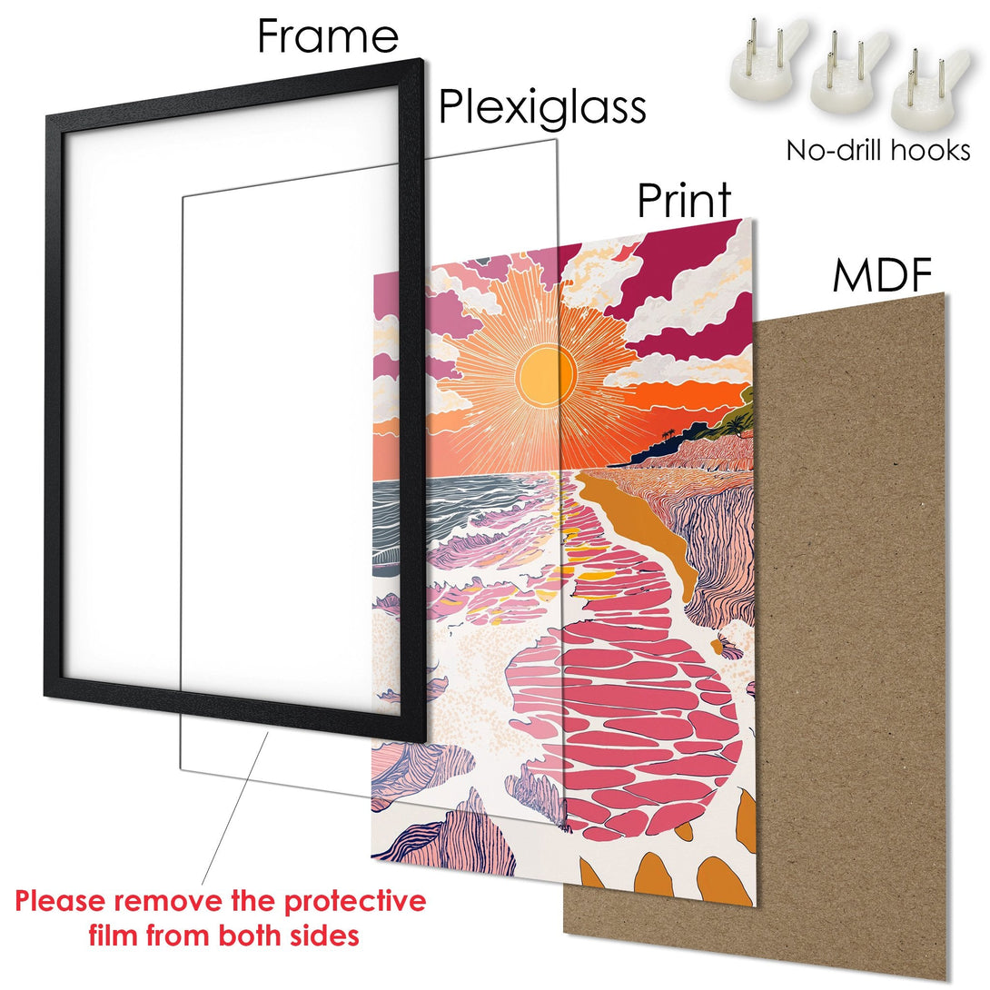Framed Poster of a beach scene in a vibrant, retro style with a warm orange and pink color palette.