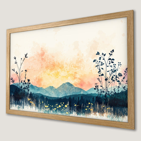Framed Poster featuring a watercolor landscape with mountains, plants, and an orange and blue color palette. Perfect wall art!