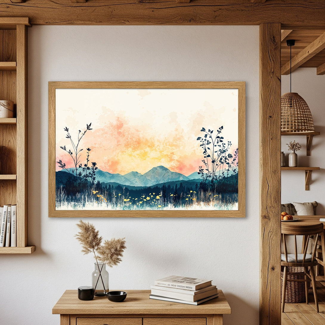 Framed Poster featuring a watercolor landscape of mountains and sunset in a neutral color palette. Perfect wall art!