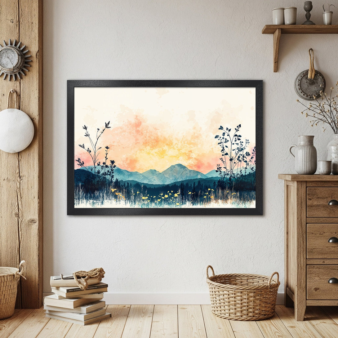 Framed Poster featuring a watercolor landscape with mountains, in a warm, inviting color palette. Perfect wall art!