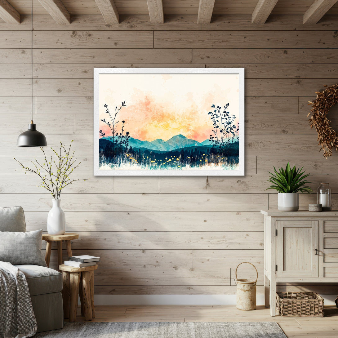 Framed Poster featuring a watercolor mountain landscape in teal, orange, and blue tones. Perfect wall art for a cozy home.