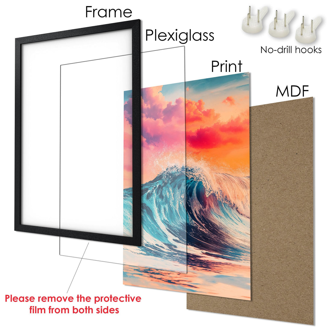 Framed Poster featuring a vibrant ocean wave art print with a colorful sunset sky. Ready to hang!