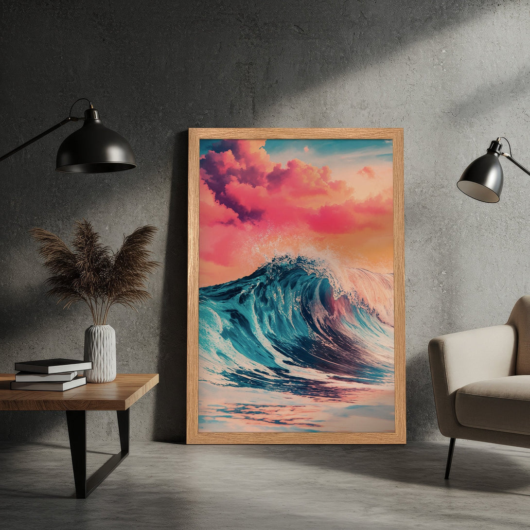 Framed Poster of a vibrant wave crashing under a pink and orange sky. Artistic style, beautiful color palette. Perfect wall art!