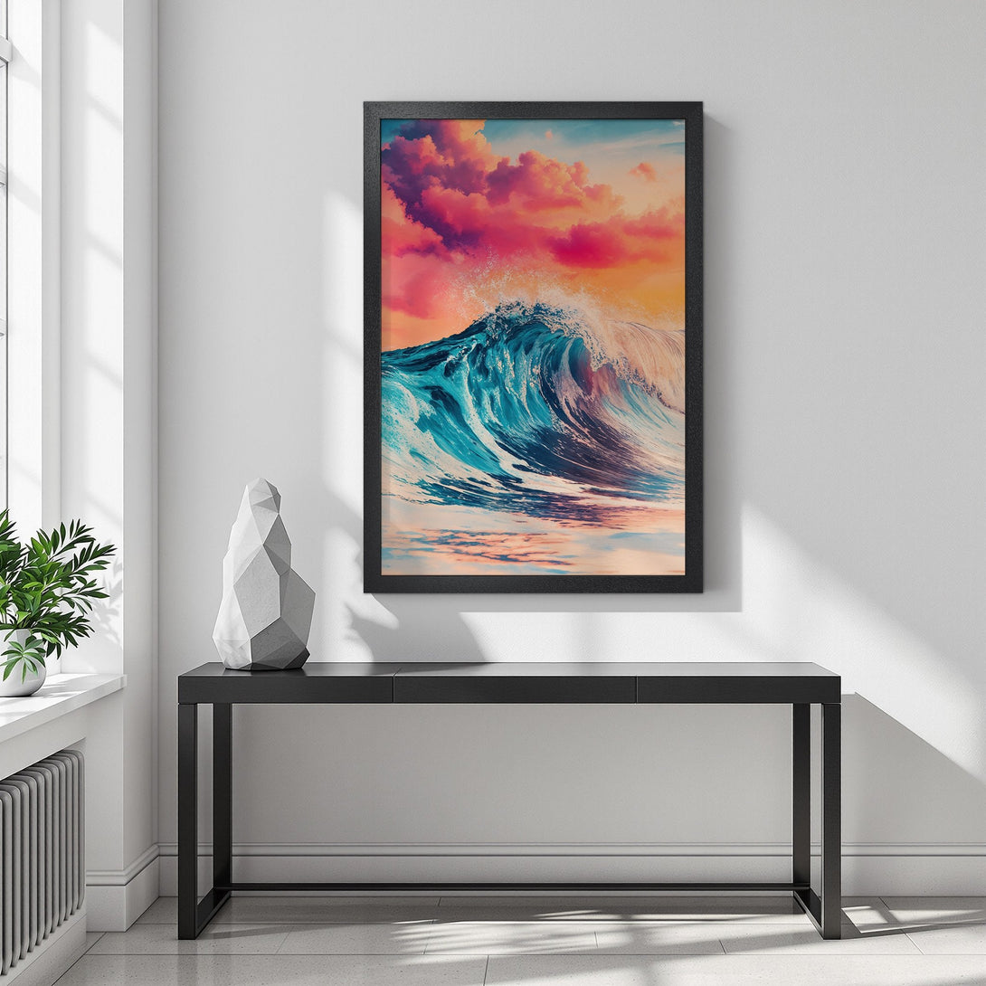 Framed Poster of a vibrant ocean wave with a colorful sky. Coastal art print in blue, pink, and orange hues. Perfect wall decor.