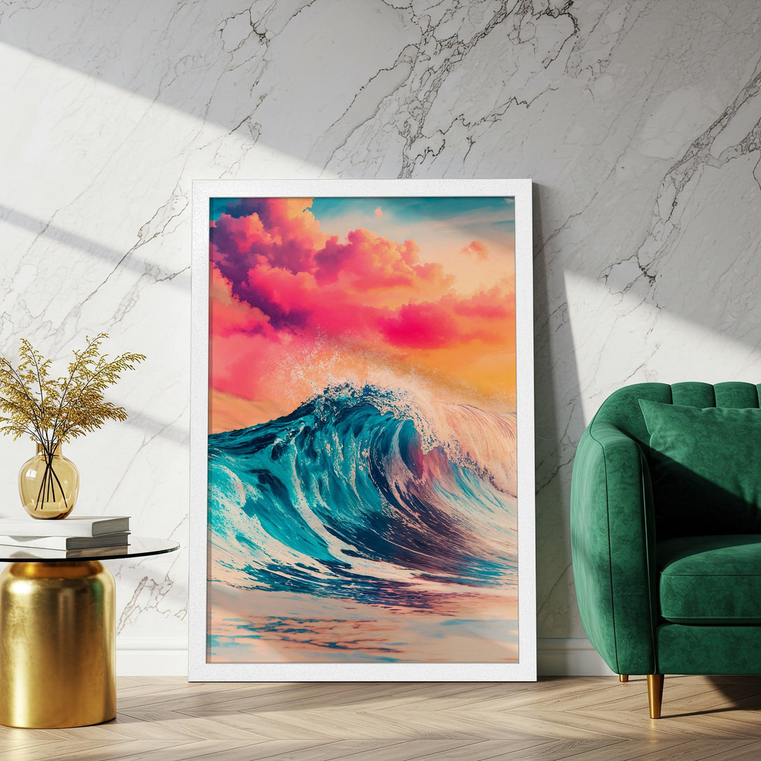 Framed Poster featuring a vibrant wave art print. Modern style with a colorful blue, pink, and orange palette. Perfect wall decor!