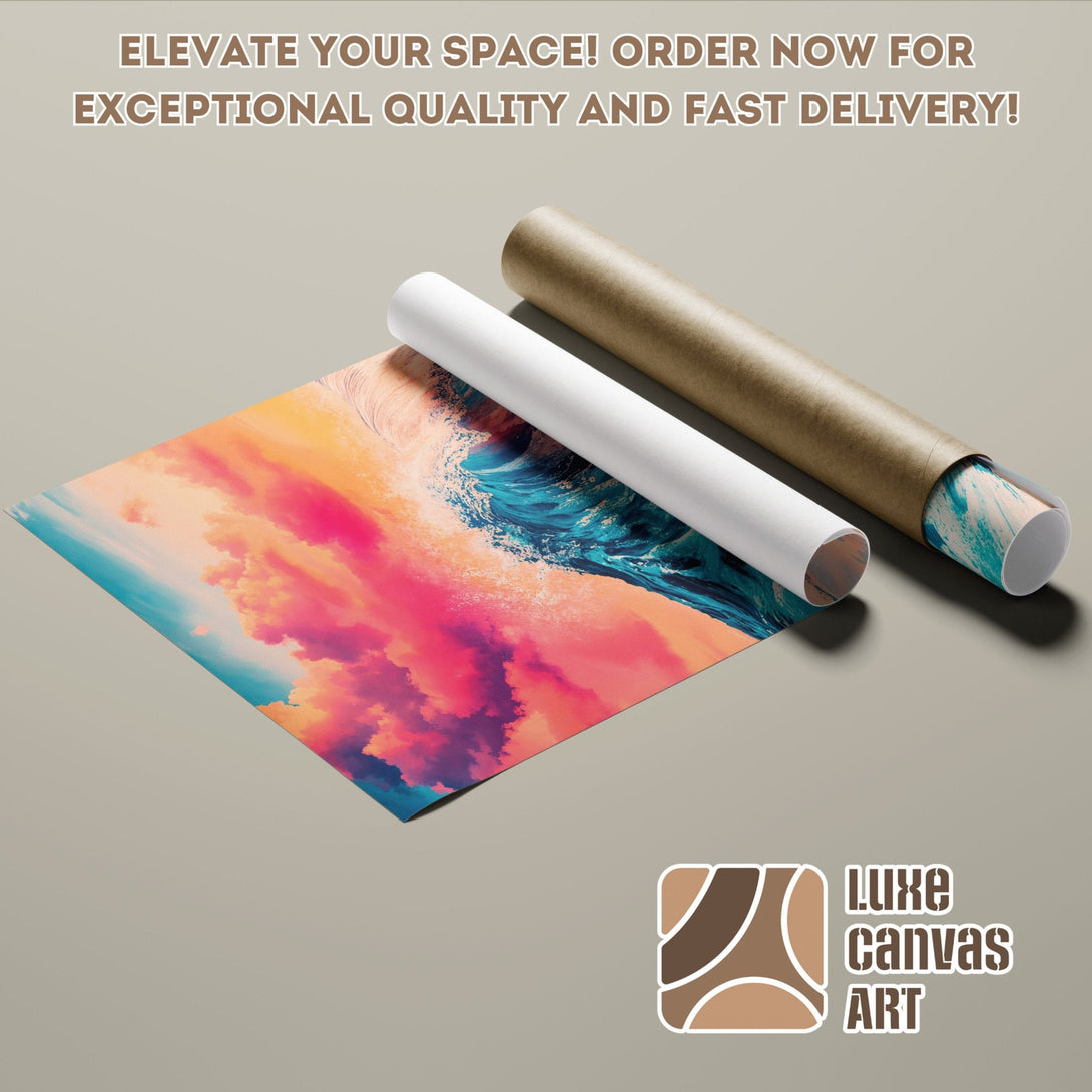Poster Roll featuring abstract ocean art in vibrant pink, blue, and orange hues. Elevate your space!