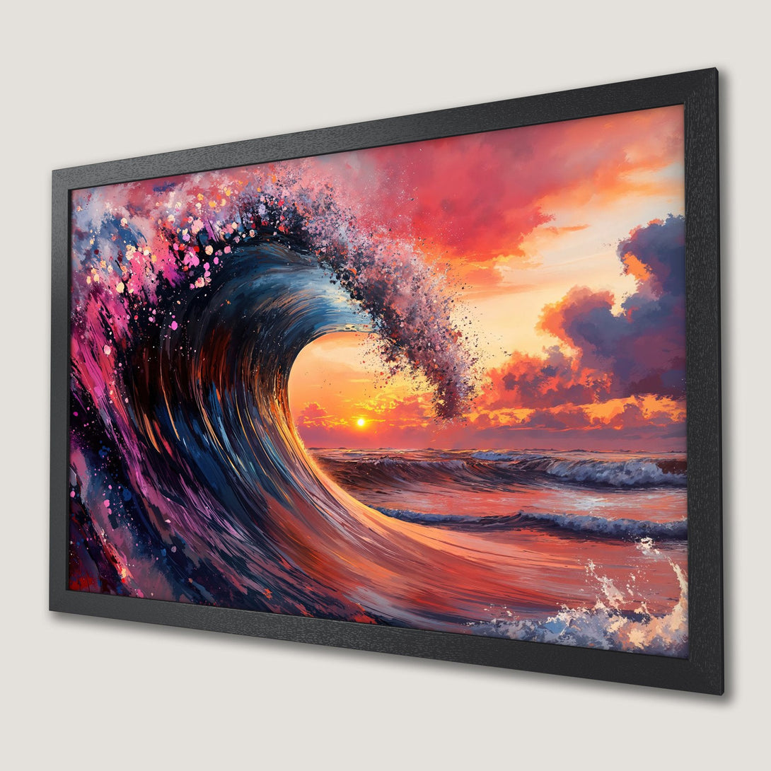 Framed Poster of a vibrant ocean wave at sunset. Artistic style with a warm color palette of orange, pink, and blue.