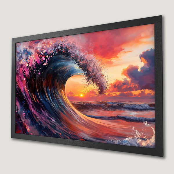 Framed Poster of a vibrant ocean wave at sunset. Artistic style with a warm color palette of orange, pink, and blue.