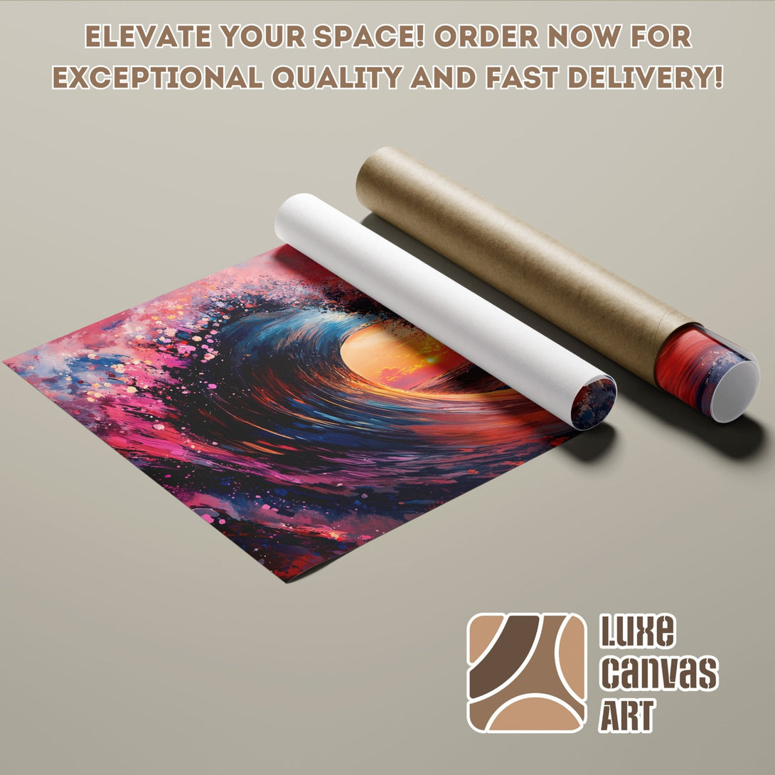 Abstract wave poster roll, vibrant pinks & blues, perfect wall art. Order your poster today!