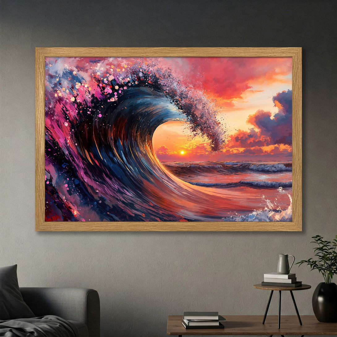 Framed Poster of a vibrant ocean wave painting. Artistic style with a dramatic color palette of blues, pinks, and fiery sunsets. Perfect wall art.