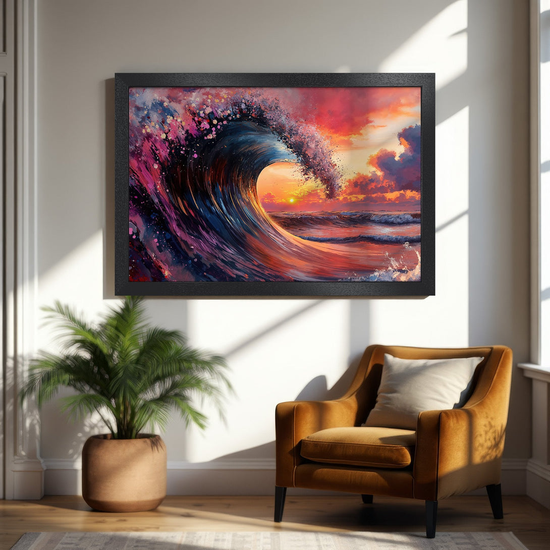 Framed Poster featuring a vibrant wave painting with a sunset color palette. Coastal art for your home decor.