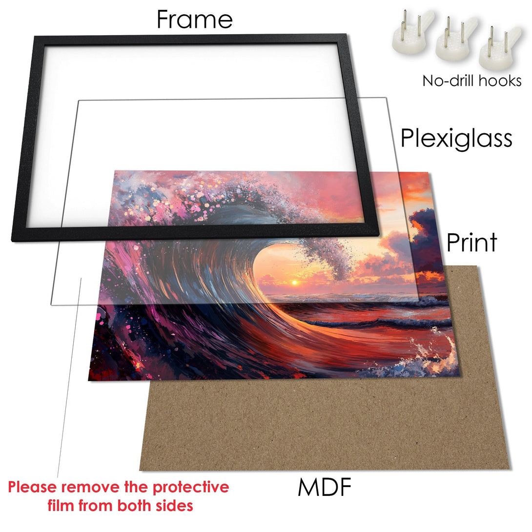 Framed Poster of a wave at sunset, vibrant colors, perfect for coastal decor. Add a touch of art to your space!