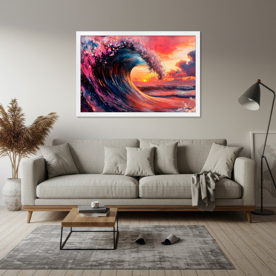 Framed Poster of a vibrant ocean wave art print, with a sunset color palette. Perfect wall decor for a coastal vibe.