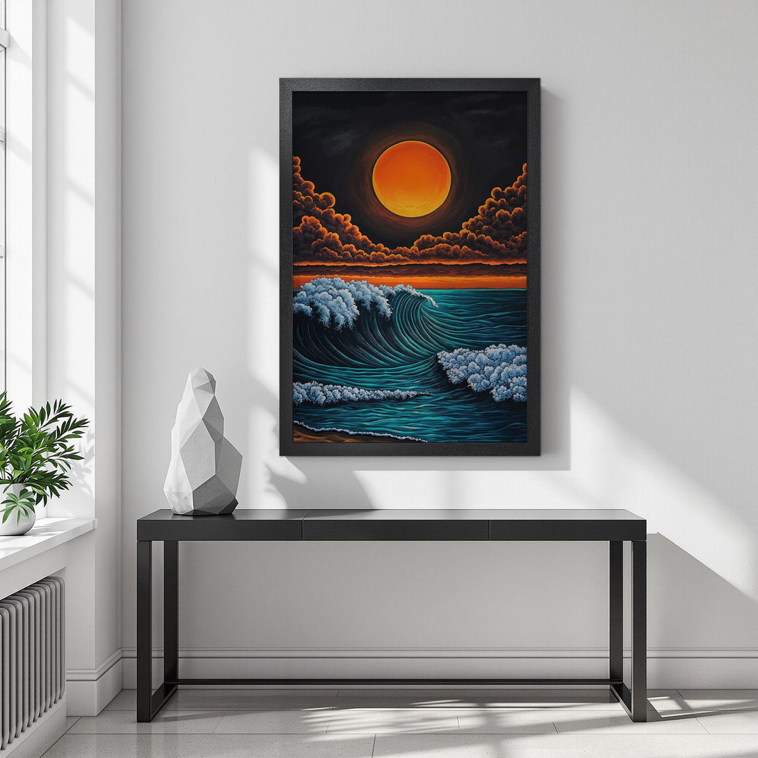 Framed Poster featuring a vibrant ocean wave scene with a sunset, in a bold, colorful style. Perfect wall art!