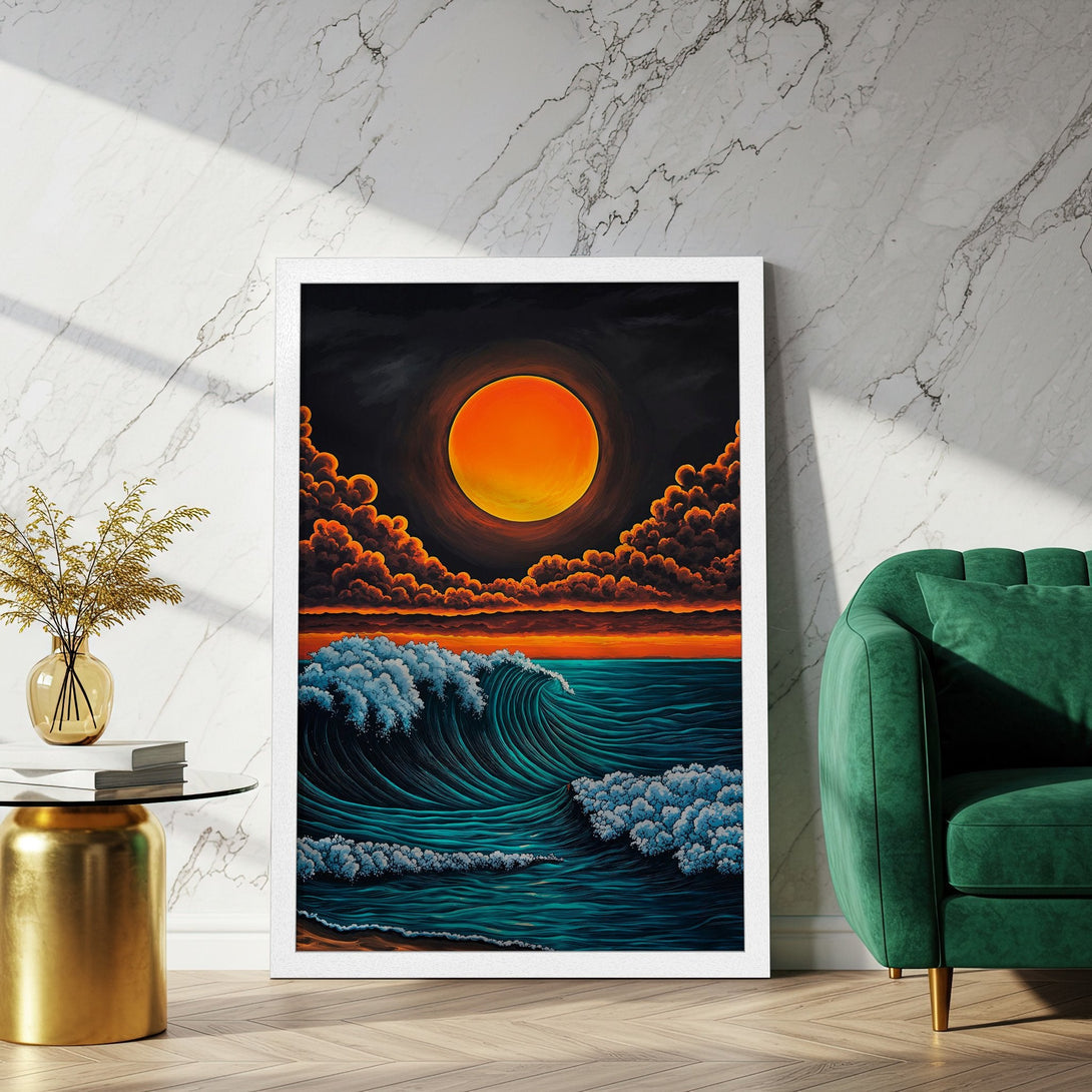 Framed Poster: Sunset over ocean waves art print. Vibrant orange, teal, and dark blue color palette. Perfect wall decor for your home.