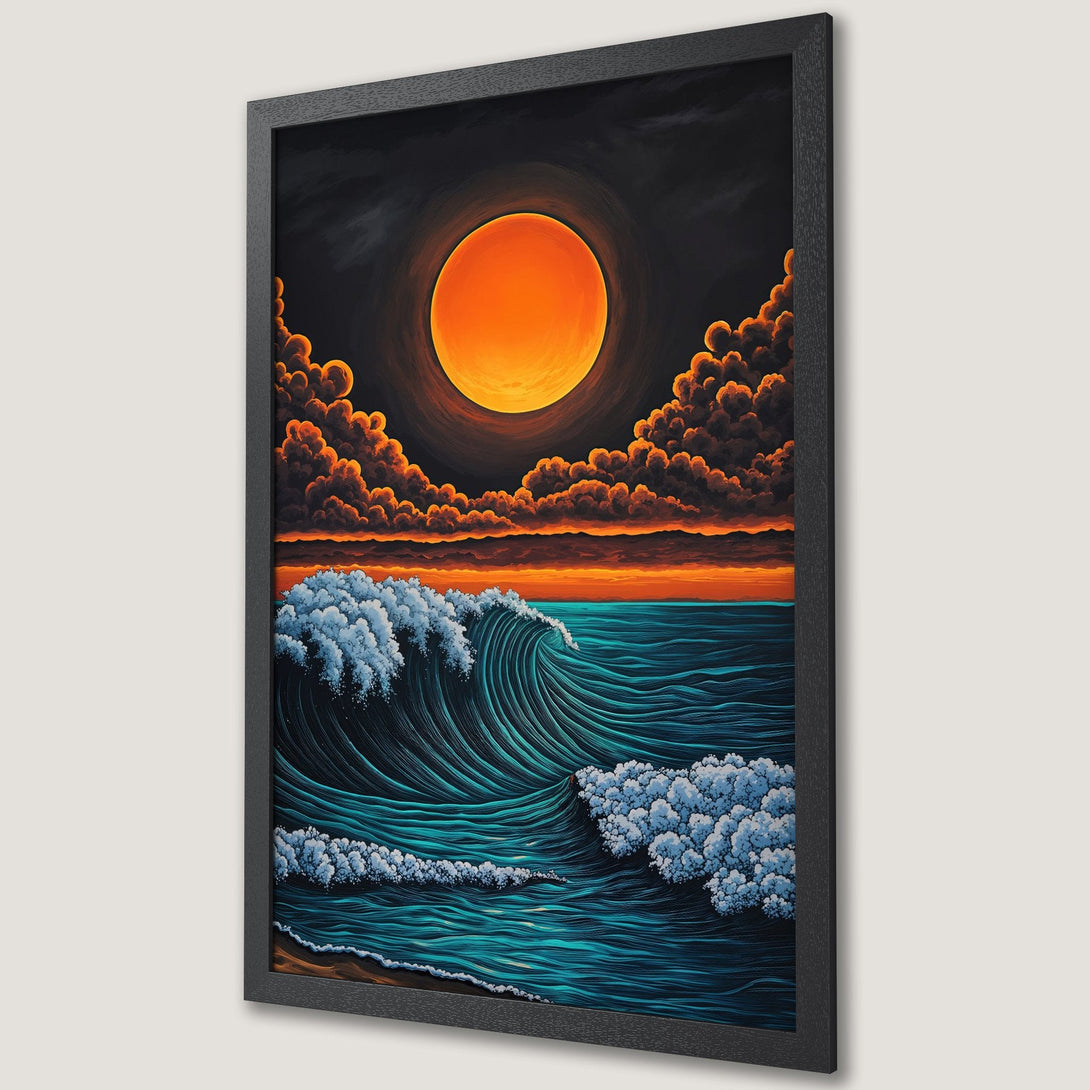 Framed Poster featuring a stylized ocean wave under a vibrant sunset. Bold colors of teal, orange, and black create a dramatic art piece.