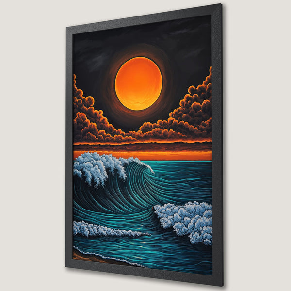 Framed Poster featuring a stylized ocean wave under a vibrant sunset. Bold colors of teal, orange, and black create a dramatic art piece.