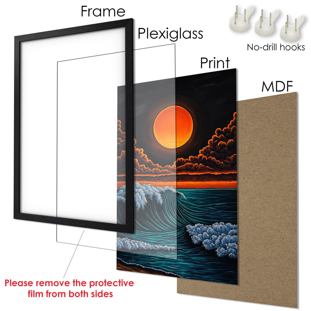 Framed Poster: Sunset over ocean art print in vibrant orange and teal. Perfect wall decor!
