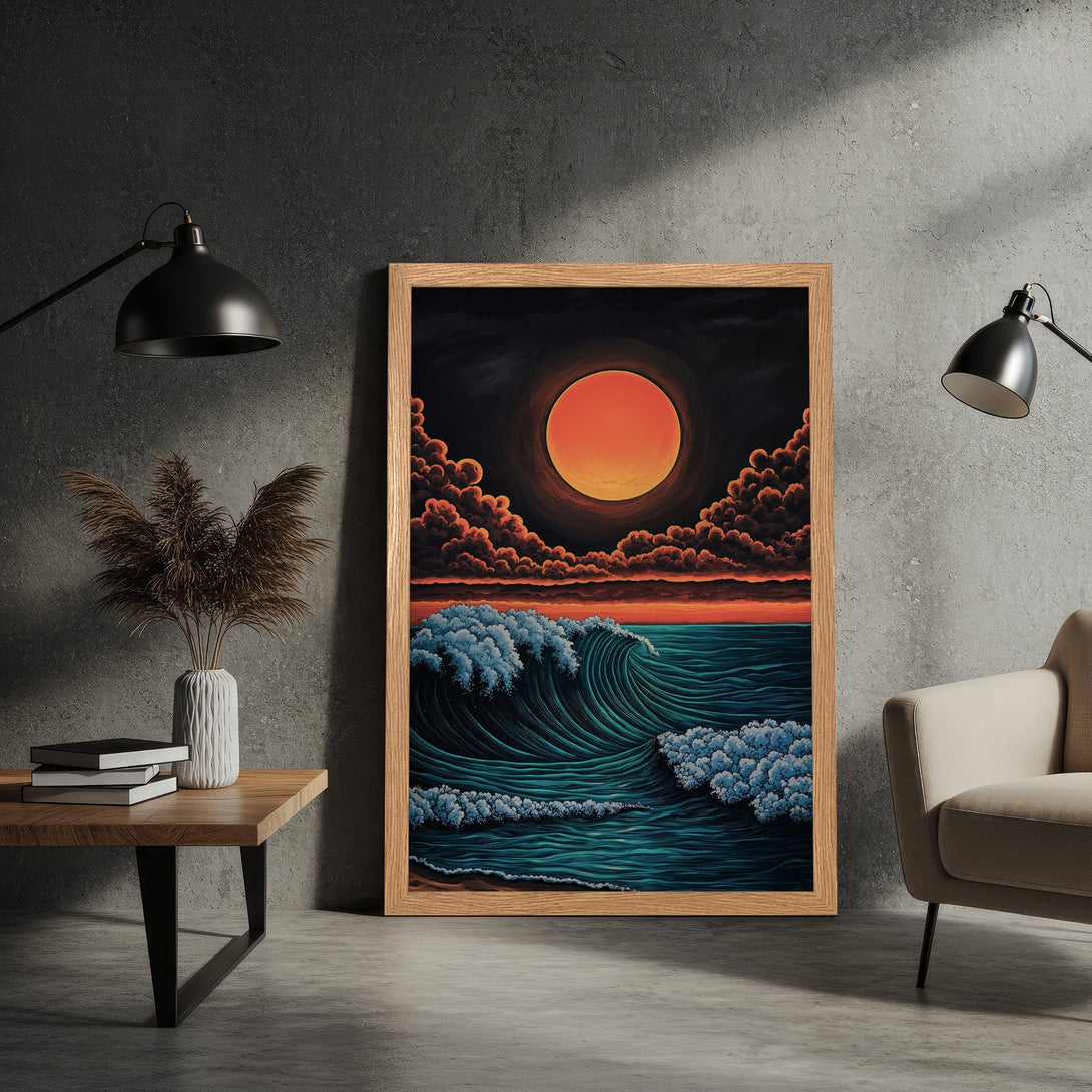 Framed Poster featuring a stylized ocean wave under a sunset. Bold art with a warm orange and teal color palette. Perfect wall decor!