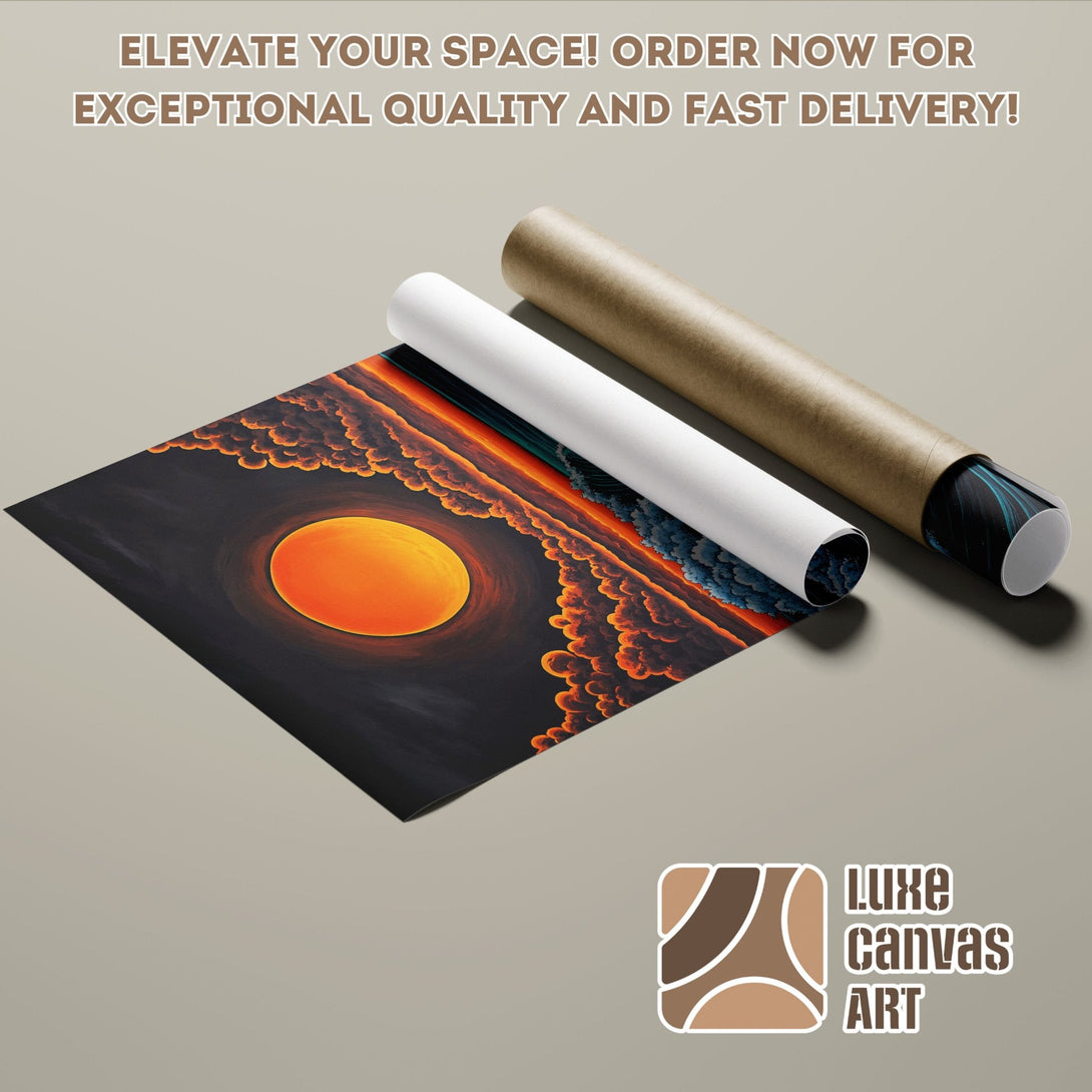 Poster Roll of sunset art. Warm orange and black color palette. Elevate your space!