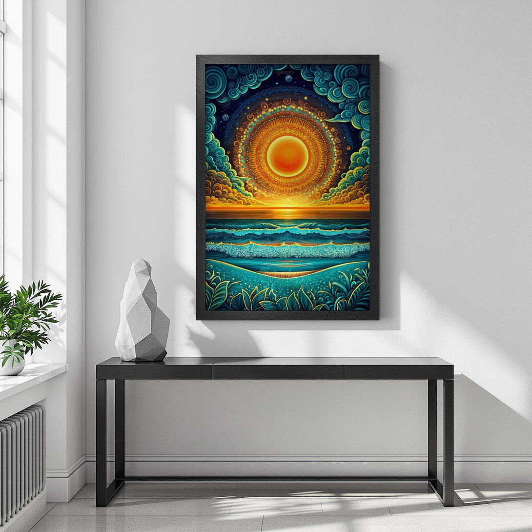 Framed Poster featuring a vibrant sunset over the ocean, with a psychedelic style and a warm, colorful palette. Perfect wall art!