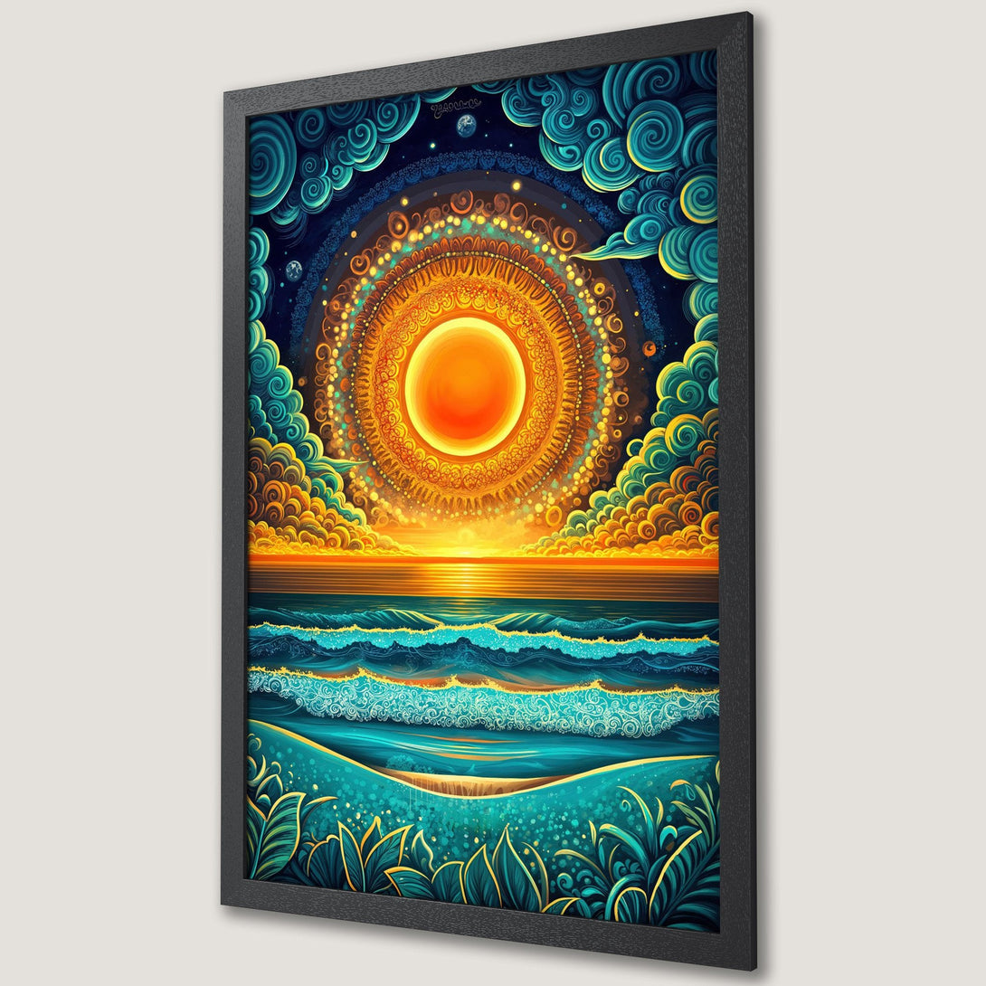 Framed Poster of a vibrant sunset over the ocean in a whimsical style, featuring a warm orange and teal color palette.