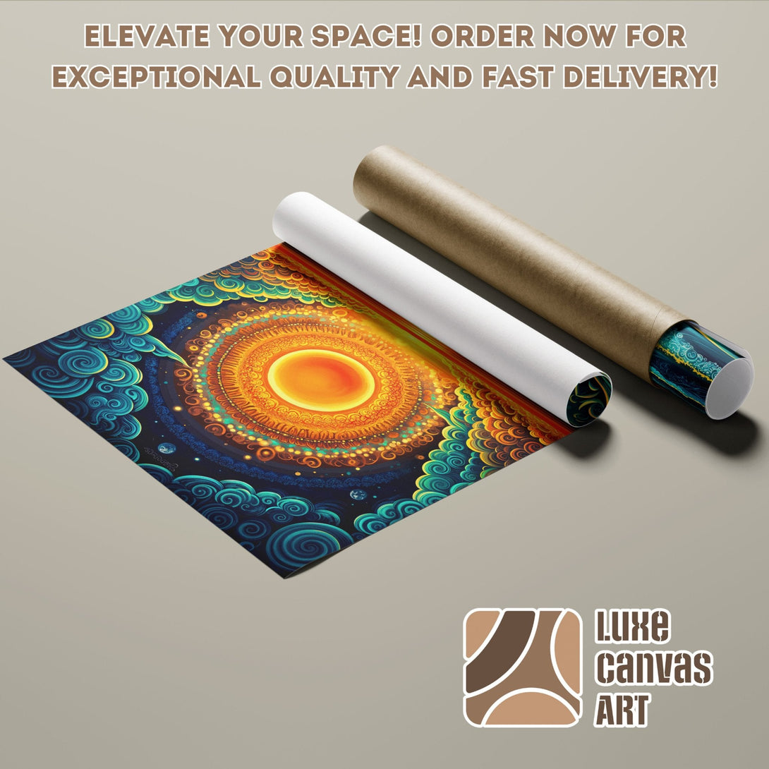 Abstract art poster roll with vibrant blues, oranges, and yellows. Elevate your space with this unique Poster!