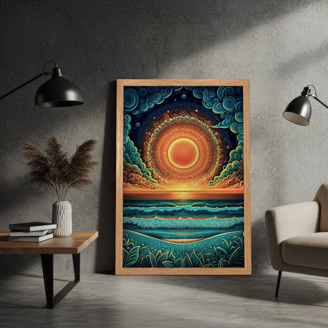 Framed Poster featuring a vibrant sunset over the ocean, in a colorful, psychedelic style. Perfect wall art for any room!