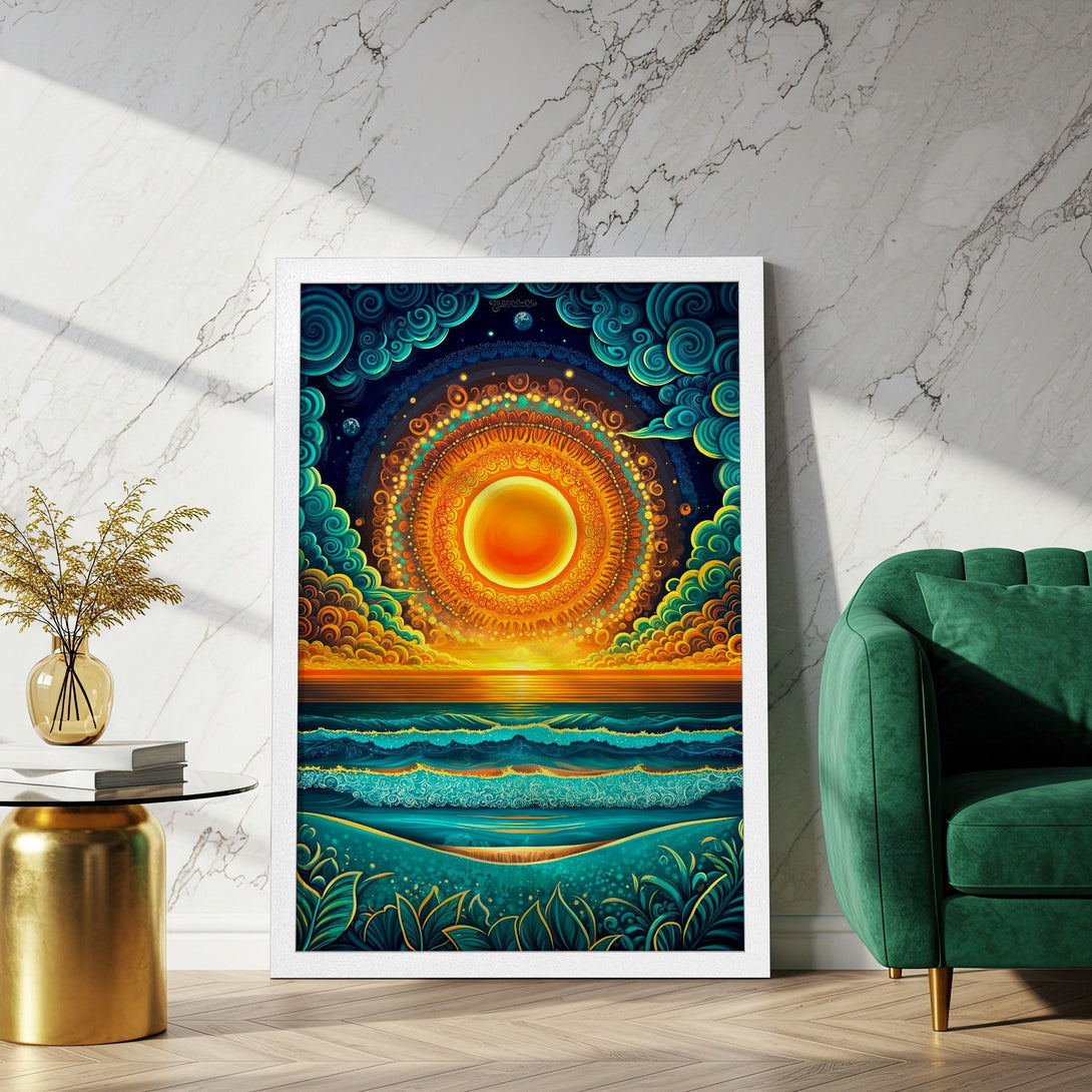 Framed Poster featuring a vibrant sunset over the ocean, artistic style with a warm orange and teal color palette. Add a touch of serenity to your space!