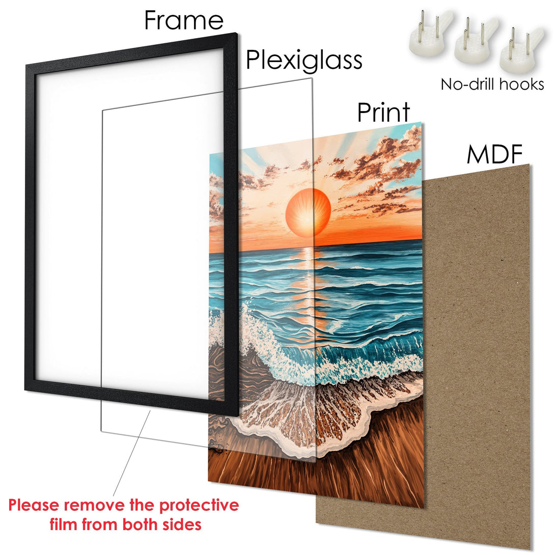 Framed Poster of a sunset over the ocean, artistic style with blue, orange, and brown color palette. Ready to hang.
