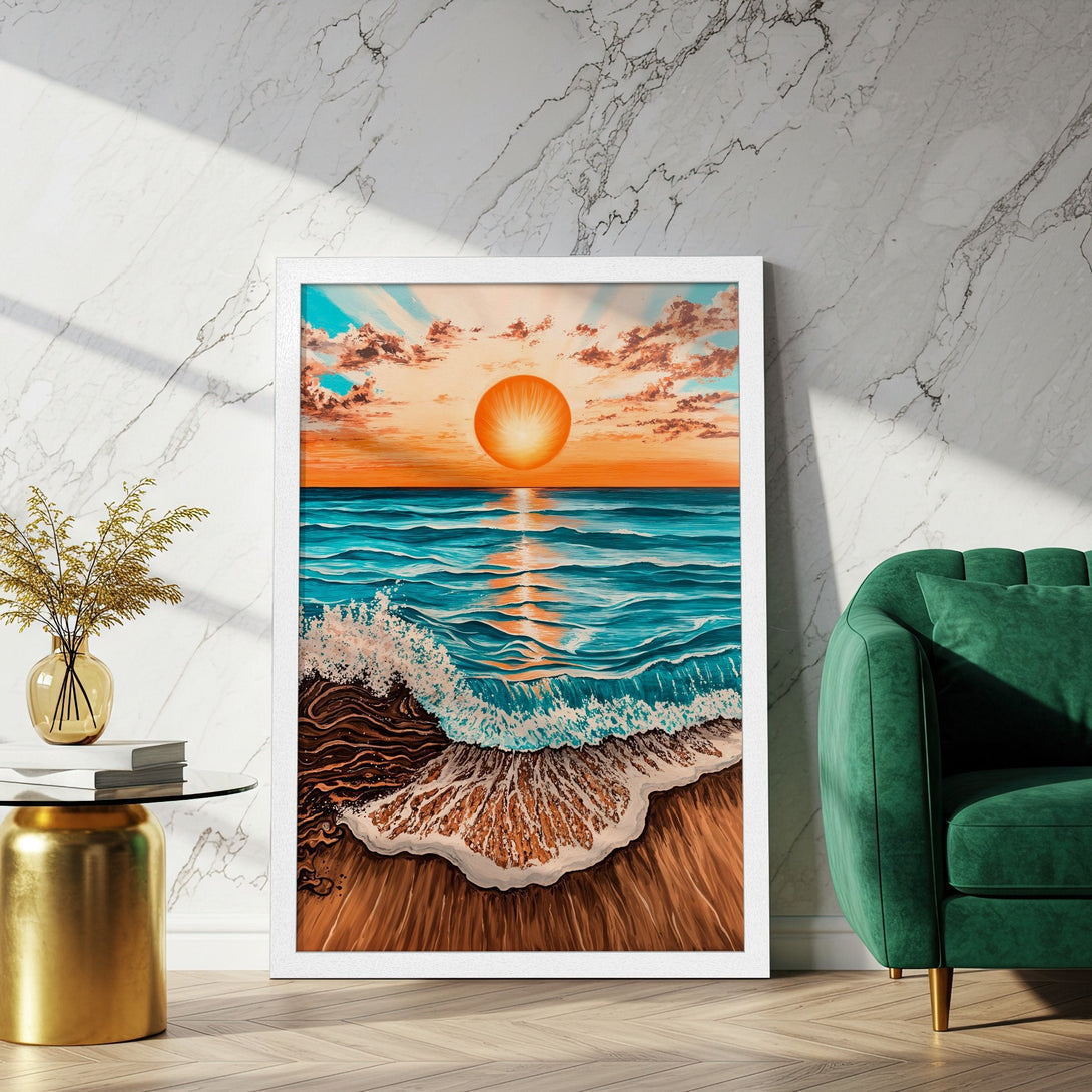 Framed Poster featuring a vibrant sunset over the ocean. Artistic style with a warm orange, blue, and brown color palette. Perfect wall art.