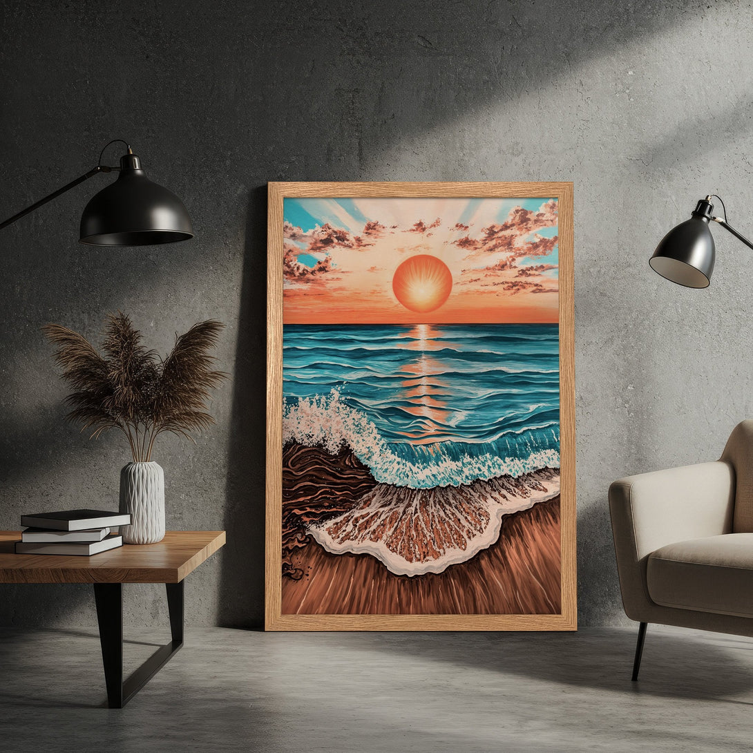 Framed Poster featuring a vibrant sunset over the ocean, painted in a stylized, illustrative style. Warm orange, blue, and brown tones.