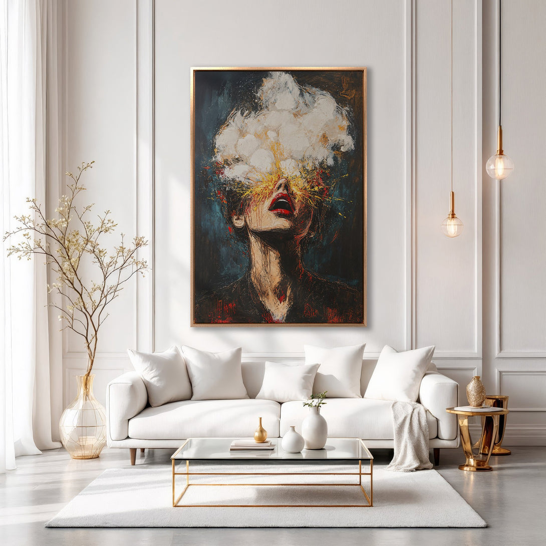 Framed Wall Art: Abstract portrait canvas print with a dark, moody palette. Modern interior design with white, gold, and red accents. Elevate your space!