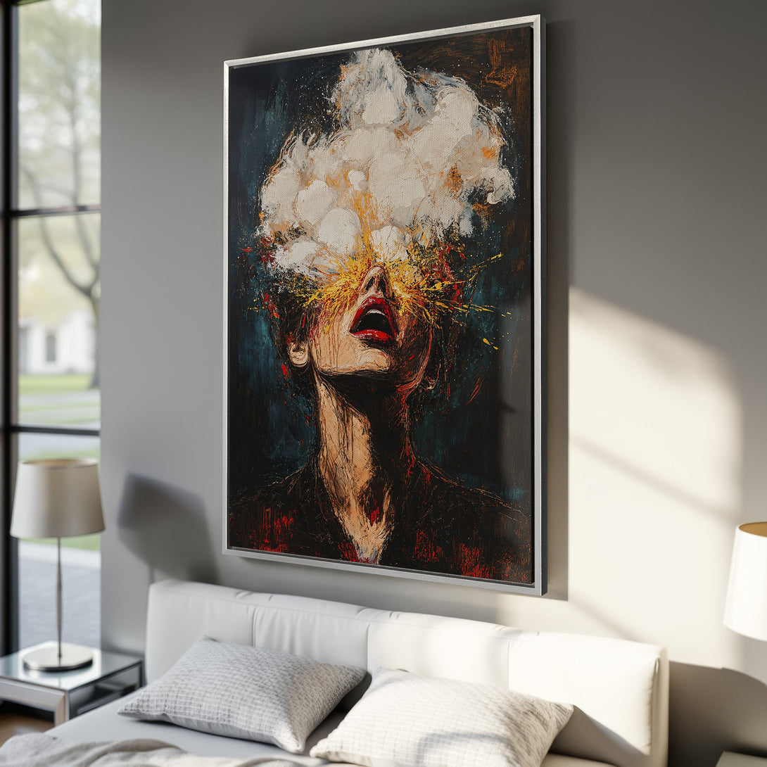 Framed Wall Art: Abstract expressionist painting of a woman with a cloud-like head. Dark, moody color palette with pops of yellow and red. Perfect for modern interiors.