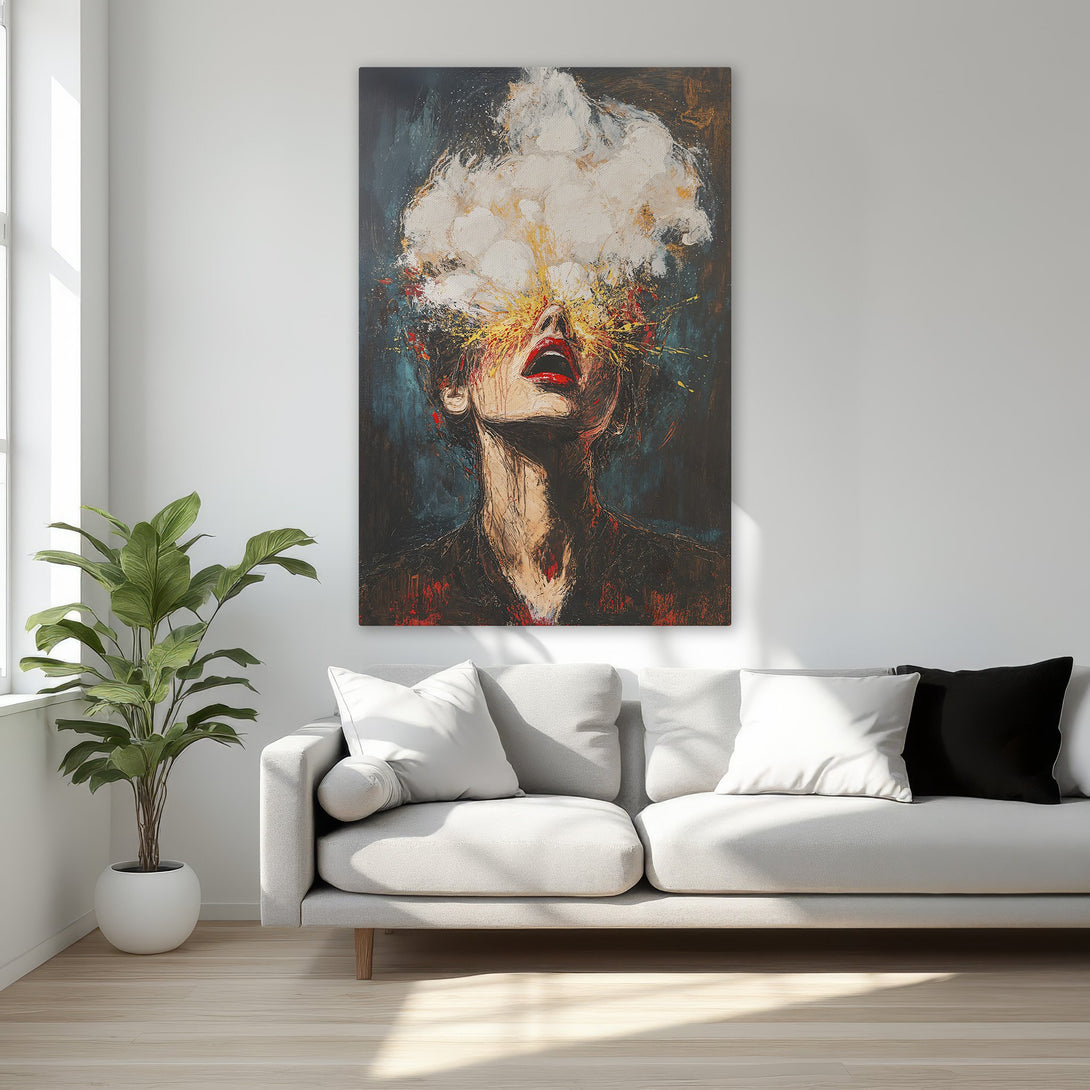 Framed Wall Art: Abstract portrait canvas print with a woman's face, featuring a bold color palette of dark blue, red, and gold. Perfect for modern decor.